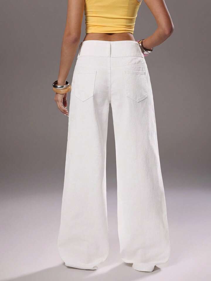 CM-BS569859 Women Casual Seoul Style Mid Waist Extra Long Wide Leg Denim Jeans - White