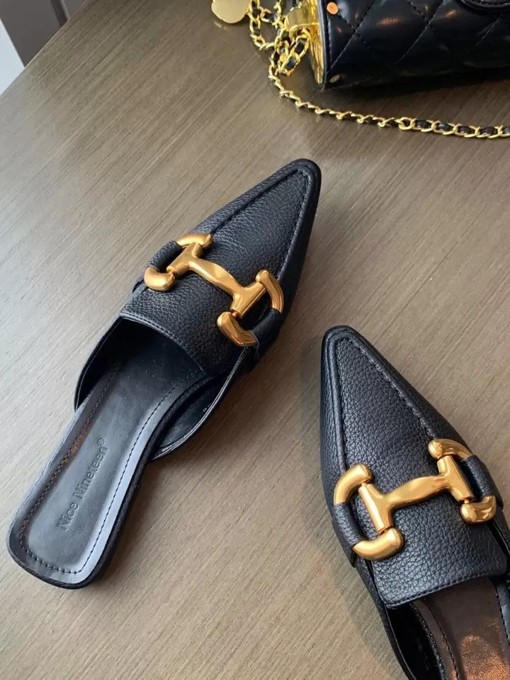 CM-SHS708759 Women Trendy Seoul Style Square Toe Metal Decor Flat Mules - Black