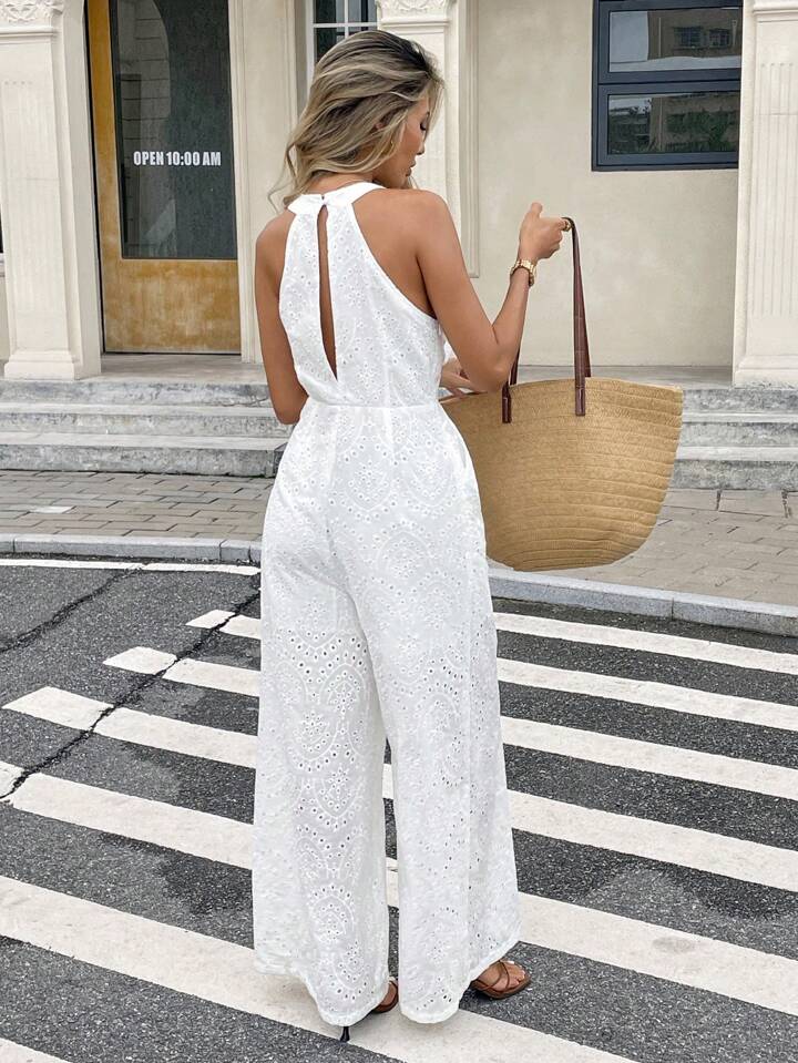 CM-JS594598 Women Trendy Bohemian Style Solid Color Halter Neckline Sleeveless Jumpsuit - White