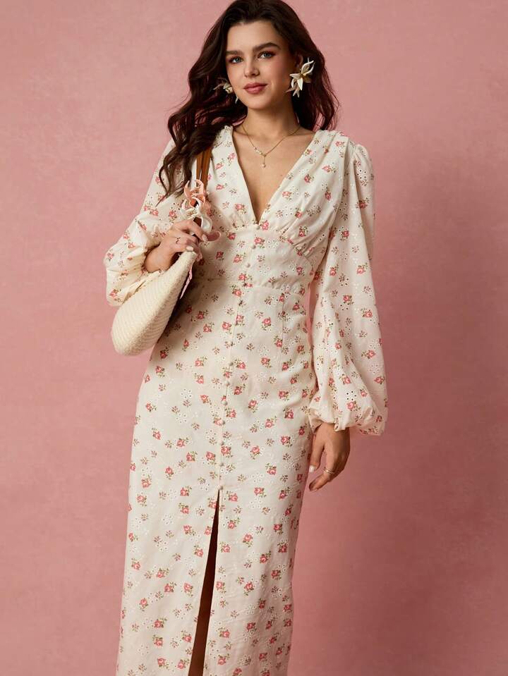 CM-DS269695 Women Elegant Seoul Style Floral Print Hollow Embroidery V-Neck Lantern Sleeve High Slit Maxi Dress