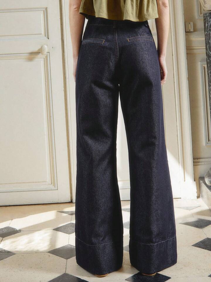 CM-BS339601 Women Casual Seoul Style Dark Wash Seam Front Detail High Waist Flare Denim Jeans