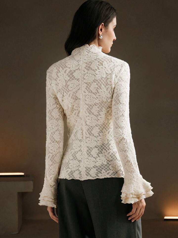 CM-TS929621 Women Elegant Seoul Style Stand Collar Long Sleeve Ruffle Cuff Fitted Crochet Blouse - Apricot