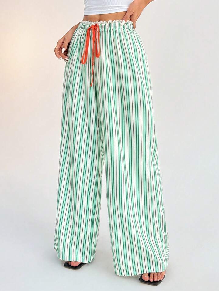 CM-BS773467 Women Casual Seoul Style Striped Mid-Rise Loose Wide-Leg Trousers - Green