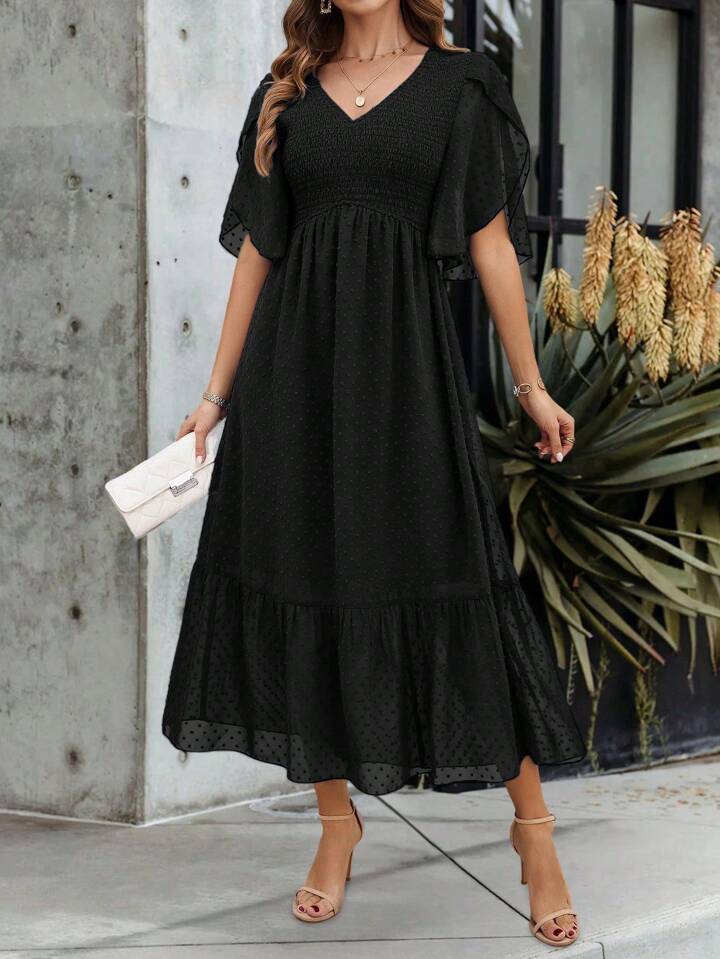 CM-DS225485 Women Casual Seoul Style V-Neck Swiss Dot Petal Sleeve Ruffle Hem Dress - Black