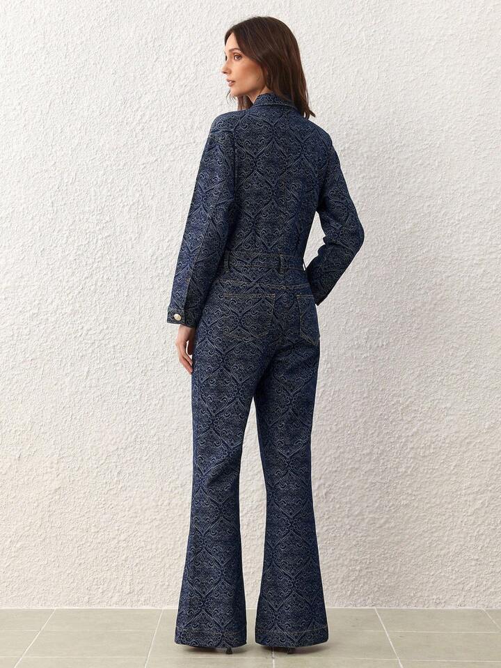 CM-JS528662 Women Elegant Seoul Style Dark Wash Collar Neckline All-Over Print Front Button Long Sleeve Denim Jumpsuit