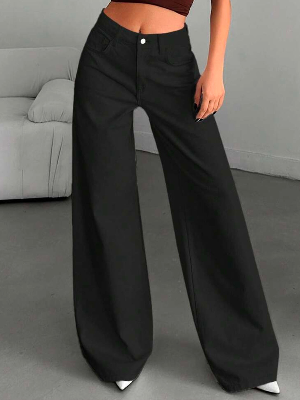 CM-BS269893 Women Casual Seoul Style High-Waisted Wide-Leg Denim Jeans - Black
