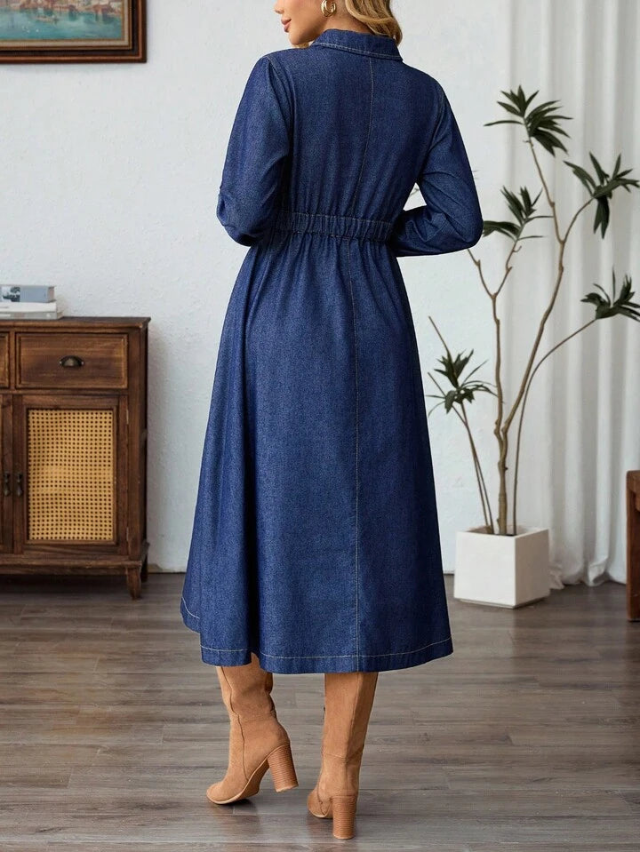 CM-DS021333 Women Elegant Seoul Style Dark Wash Lapel Neckline Long Sleeve Single-Breasted Denim Dress