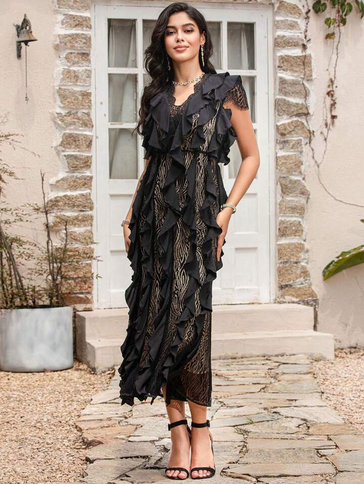 CM-DS299747 Women Elegant Seoul Style Splice Lace V-Neck Sleeveless Ruffled Waist Belted Dress - Black
