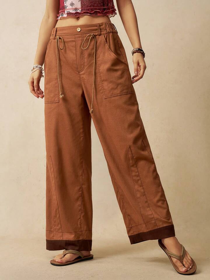 CM-BS045449 Women Trendy Bohemian Style Solid Color Drawstring Waist Long Pants - Coffee Brown