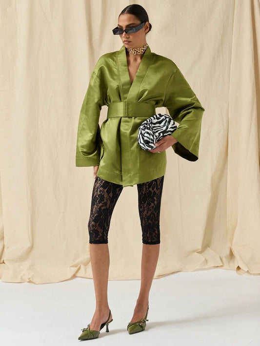 CM-DS756020 Women Elegant Seoul Style Solid Color Deep V-Neck Bell Sleeve Mini Dress - Olive Green