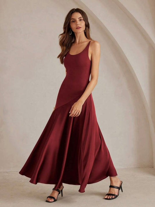 CM-DS076176 Women Elegant Seoul Style Solid Color Minimalist Spaghetti Strap Maxi A-Line Dress - Red