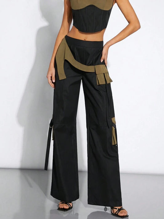 CM-BS944447 Women Elegant Seoul Style Contrast Cargo Strap Wide Leg Pants