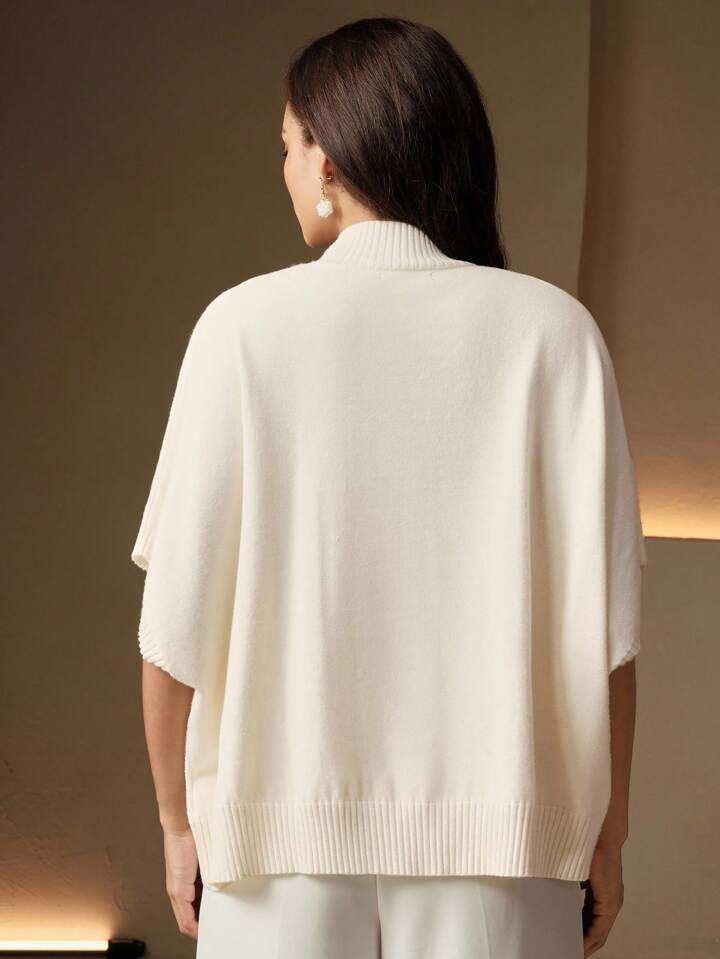 CM-CS518915 Women Elegant Seoul Style Stand Collar Batwing Sleeve Floral Embroidery Knit Top - White