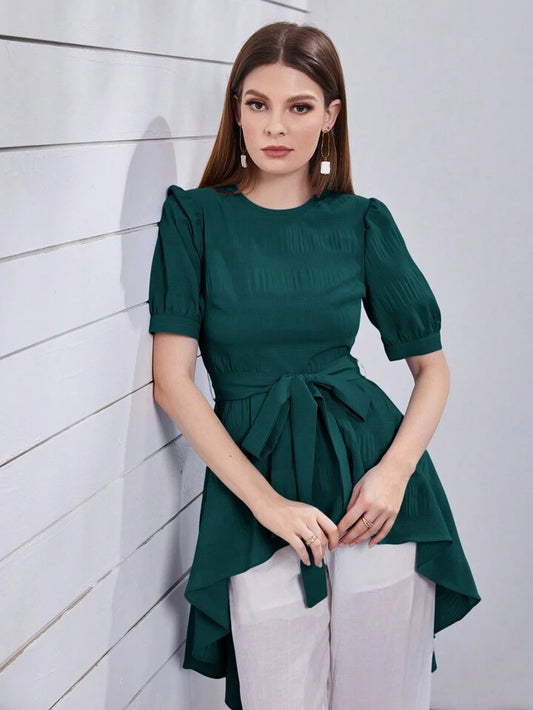 CM-TS741554 Women Casual Seoul Style Round Neck Bubble Short Sleeve Aymmetric Hem Blouse