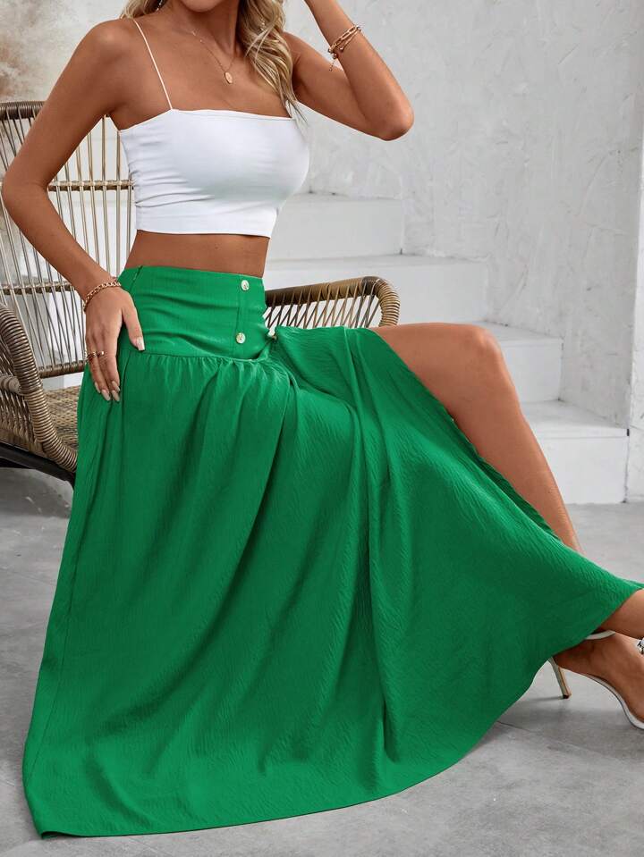 CM-BS838934 Women Trendy Bohemian Style Solid Color High Slit Skirt - Green