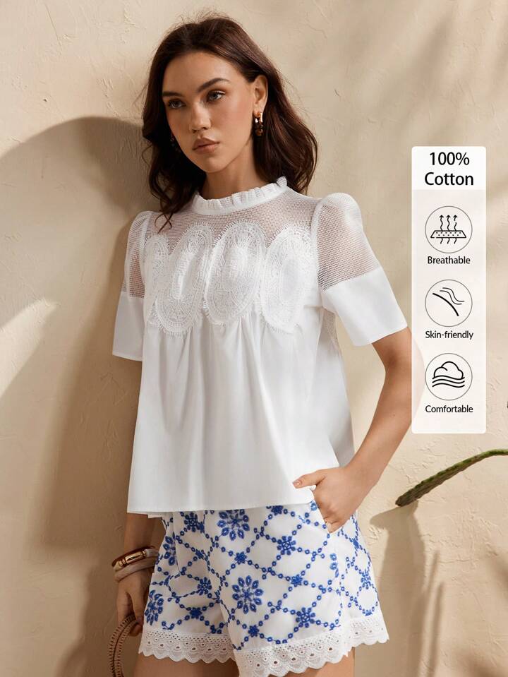 CM-TS479488 Women Casual Seoul Style Round Neck Puff Sleeve Lace Patchwork Loose Shirt - White