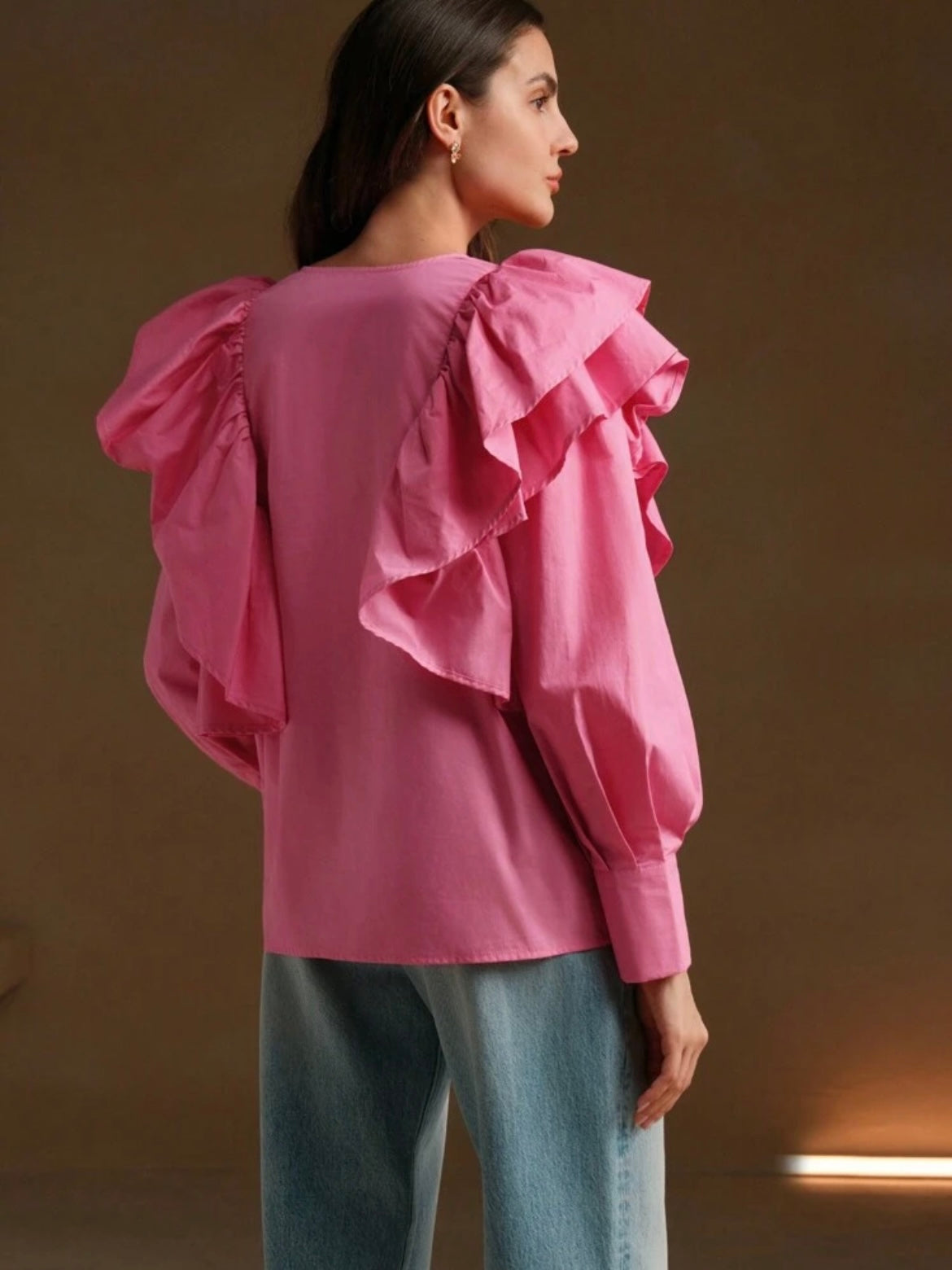 CM-TS799242 Women Elegant Seoul Style Exaggerated Ruffle V-Neck Long Sleeve Blouse - Pink