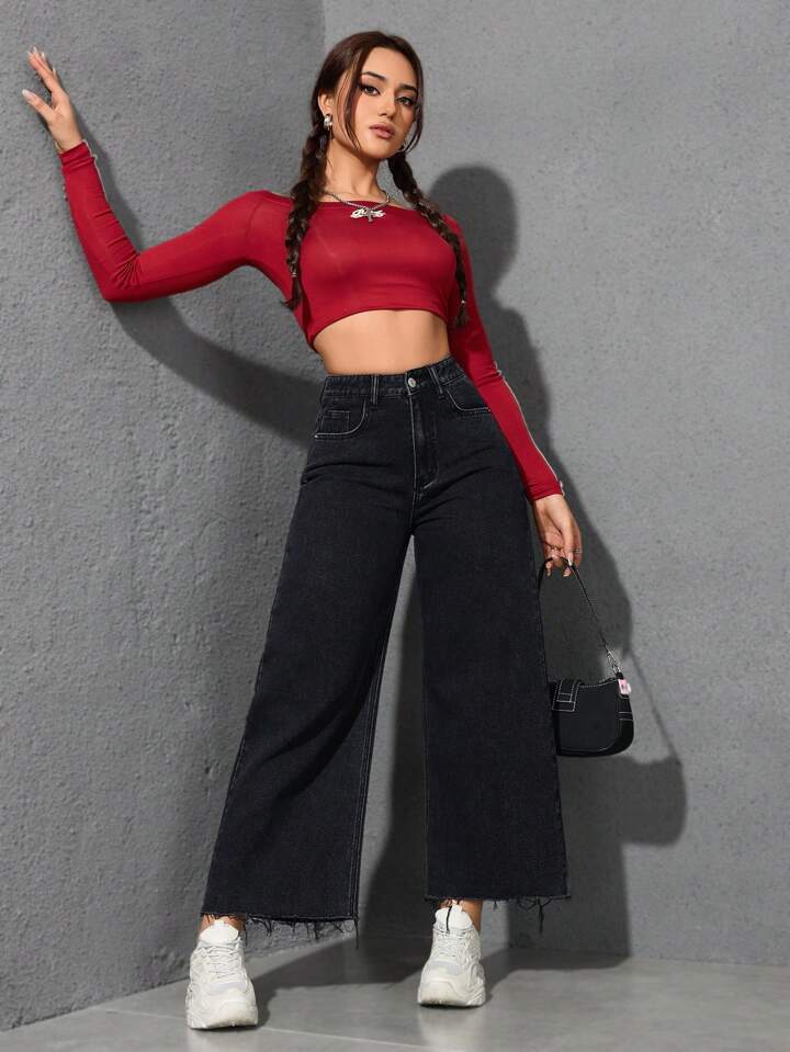 CM-BS883741 Women Casual Seoul Style Solid Color High Waist Wide Leg Jeans - Black
