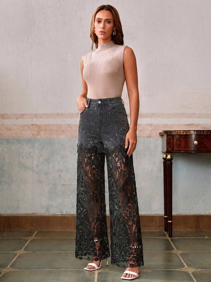 CM-BS979972 Women Elegant Seoul Style Mid Waist Lace Rhinestone Straight Leg Pants - Black