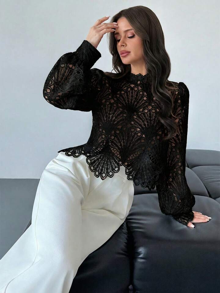CM-TS794260 Women Elegant Seoul Style Mandarin Collar Lace Sheer Lantern Sleeve Blouse - Black