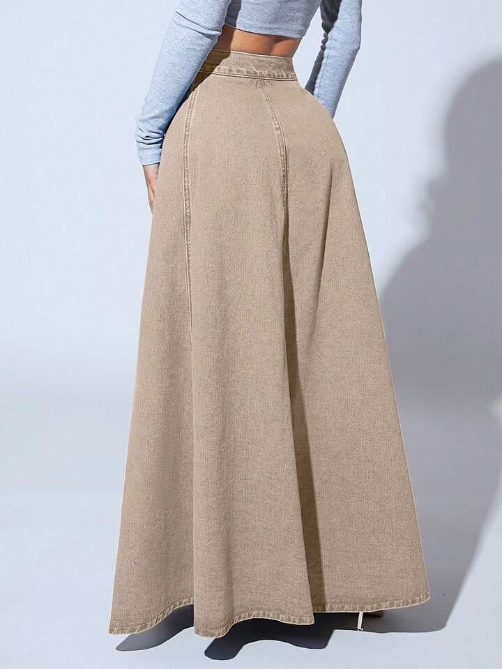 CM-BS789476 Women Casual Seoul Style High Waist Button Front Extra Long Denim Skirt - Apricot
