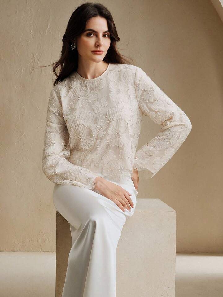 CM-TS303207 Women Elegant Seoul Style Round Neck Long Sleeve Floral Beaded Sheer Blouse - Apricot