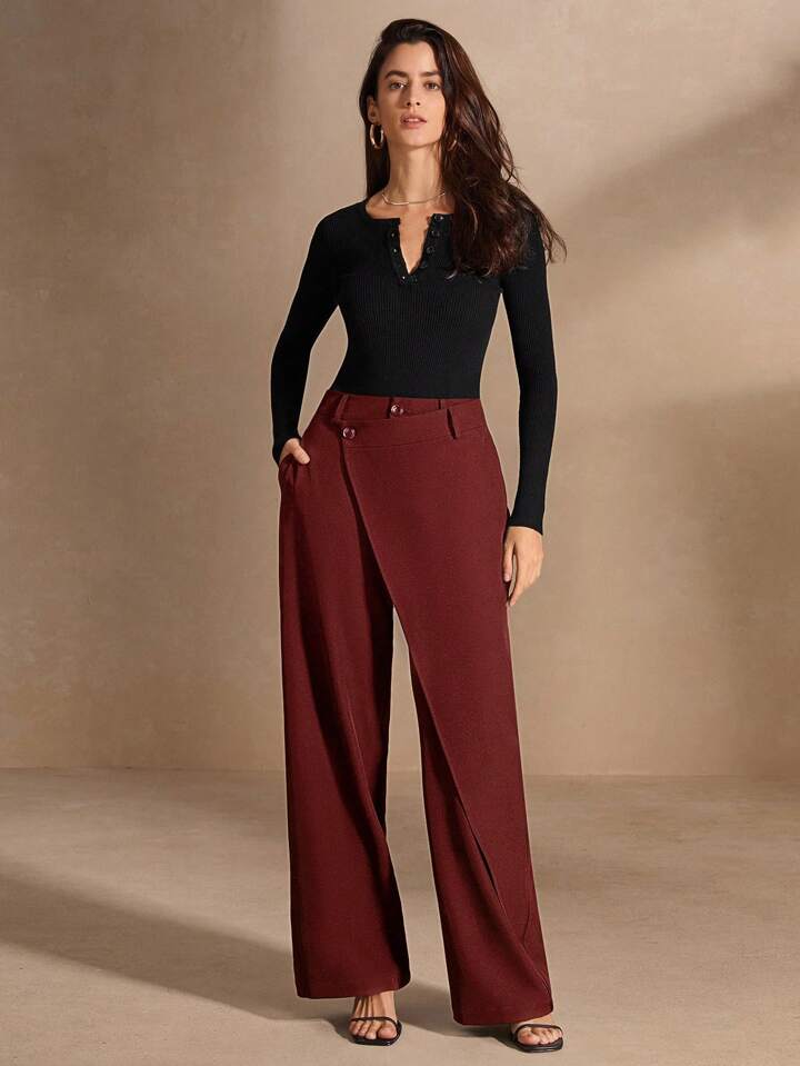 CM-BS439342 Women Elegant Seoul Style Asymmetrical Draping Cross-Wrap Pockets Straight-Leg Pants - Red