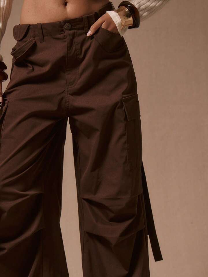 CM-BS387973 Women Casual Seoul Style Low Waist Wide Leg Cargo Trousers - Chocolate Brown