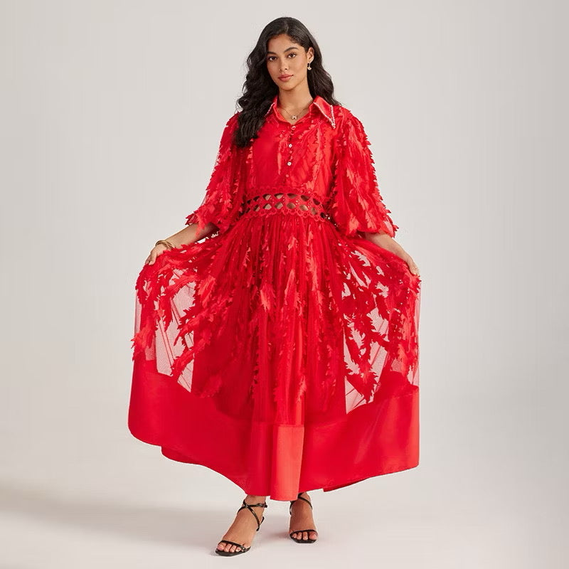CM-DY055505 Women Elegant European Style Collar Rhinestone Neckline Half Sleeve Hollow Out Long Dress - Red