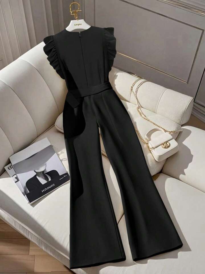 CM-JS281060 Women Elegant Seoul Style Solid Color Ruffle Waistband Wide Leg Jumpsuit - Black