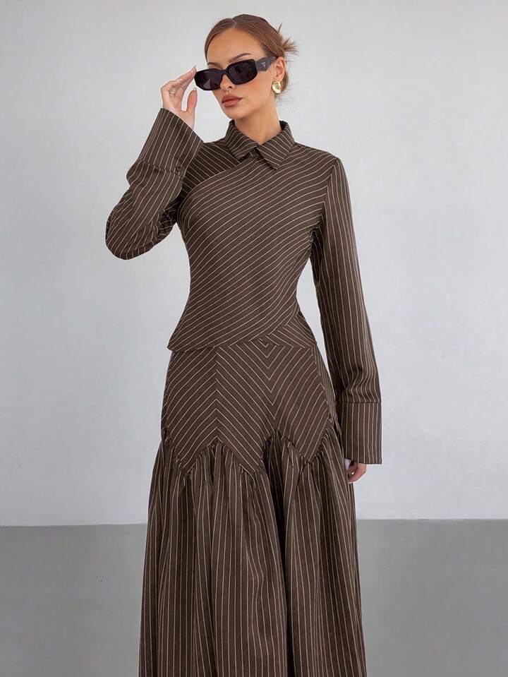 CM-SS628871 Women Elegant Seoul Style Striped Collar Neckline Long Sleeve Shirt With Pleated Maxi Skirt - Set