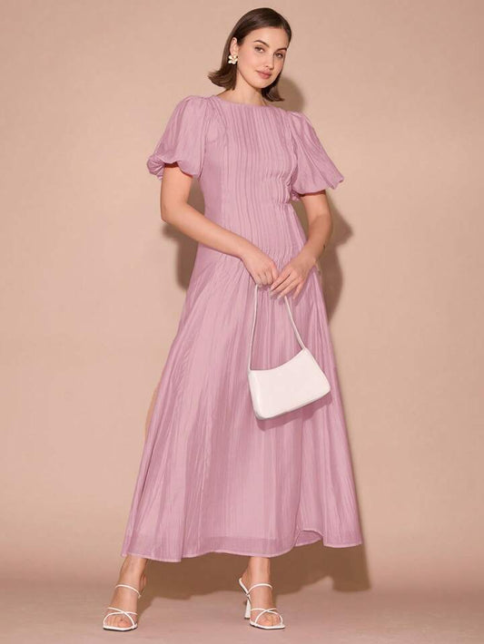 CM-DS126771 Women Elegant Seoul Style Round Neck Bubble Pleat Puff Long Sleeve Maxi Dress - Dusty Pink