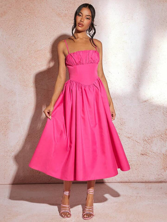 CM-DS177777 Women Casual Seoul Style Pleated Bust Tight Camisole Maxi Dress - Hot Pink