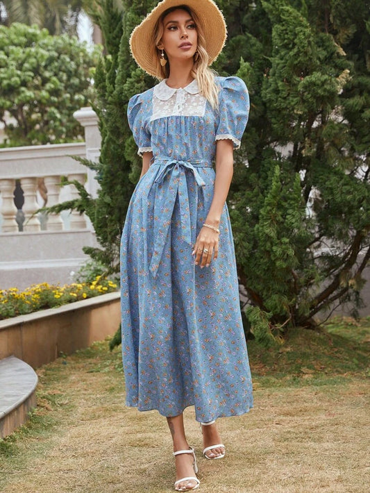 CM-DS111938 Women Trendy Bohemian Style Mesh Doll Collar Floral Embroidery Bubble Sleeve Dress