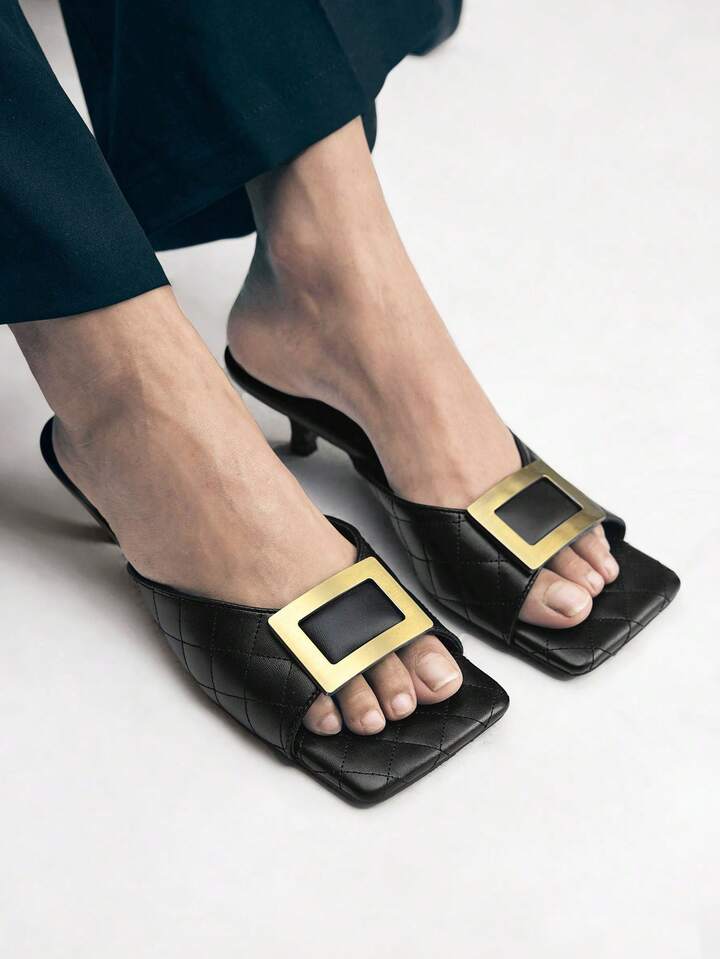 CM-SHS060912 Women Trendy Seoul Style Colorblock Square Toe High Heel Sandals - Black