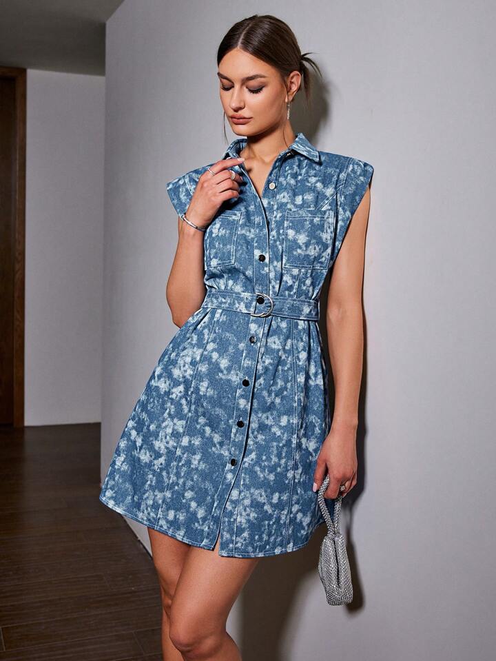 CM-DS950143 Women Casual Seoul Style Button Front Shirt Collar Sleeveless Mini Dress - Baby Blue