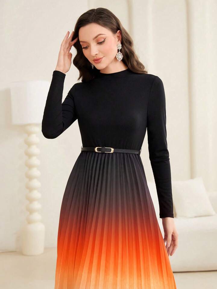 CM-DS739929 Women Elegant Seoul Style Stand Collar Gradient Ruffle Hem Midi Dress