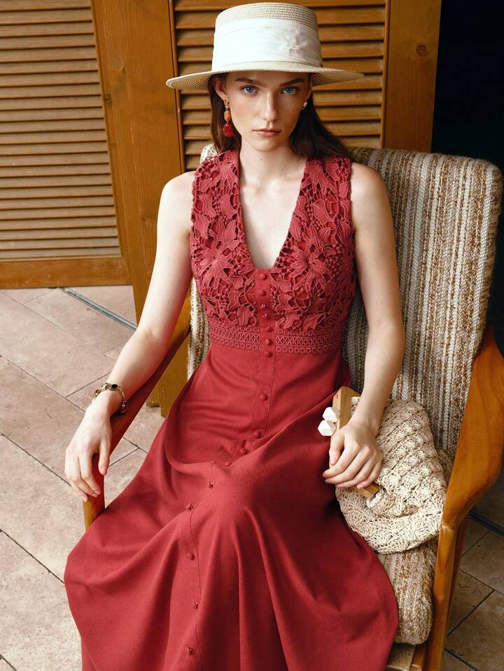 CM-DS111440 Women Trendy Bohemian Style Lace Patchwork V-Neck Sleeveless Waist-Cinched Hollow Trim Maxi Dress