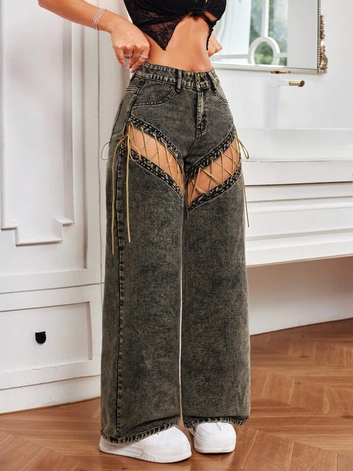 CM-BS548188 Women Casual Seoul Style Hollow Out Solid Color Wide Leg Jeans With Pockets - Black