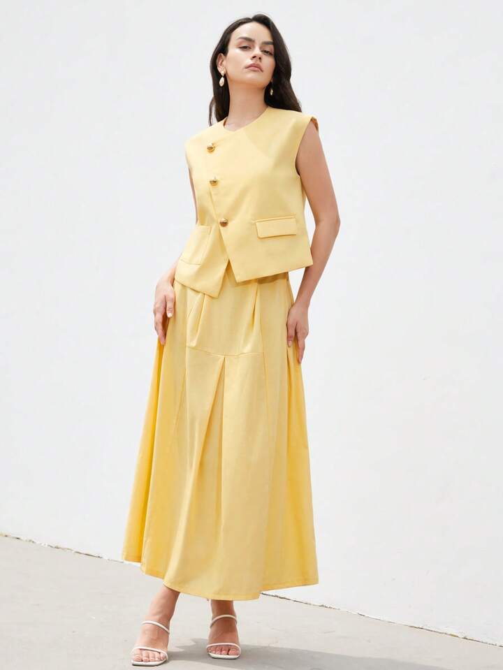 CM-SS679261 Women Elegant Seoul Style V-Neck Sleeveless Button Front Cami With Maxi Skirt - Set