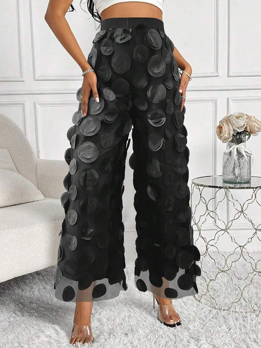 CM-BS525253 Women Trendy Bohemian Style Floral Embroidered Mesh Wide Leg Pants - Black