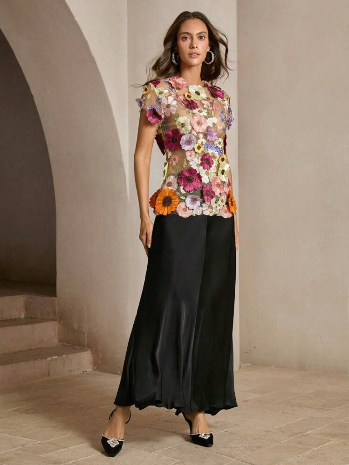 CM-TS941460 Women Elegant Seoul Style Textured Floral Embroidered Top With Multicolor Floral Applique
