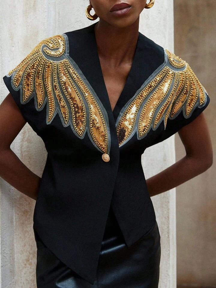 CM-TS850529 Women Elegant Seoul Style Asymmetrical Hem V-Neck Padded Beaded Embroidered Blouse - Blue