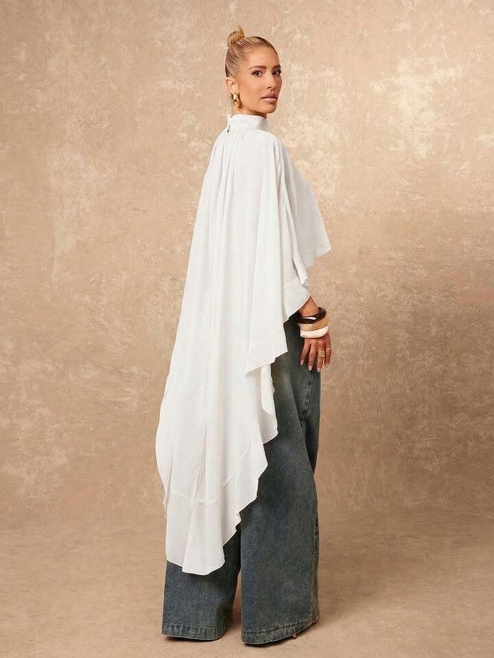 CM-TS820927 Women Casual Seoul Style Asymmetric Ruffle Hem Loose Collar Shawl Blouse - White