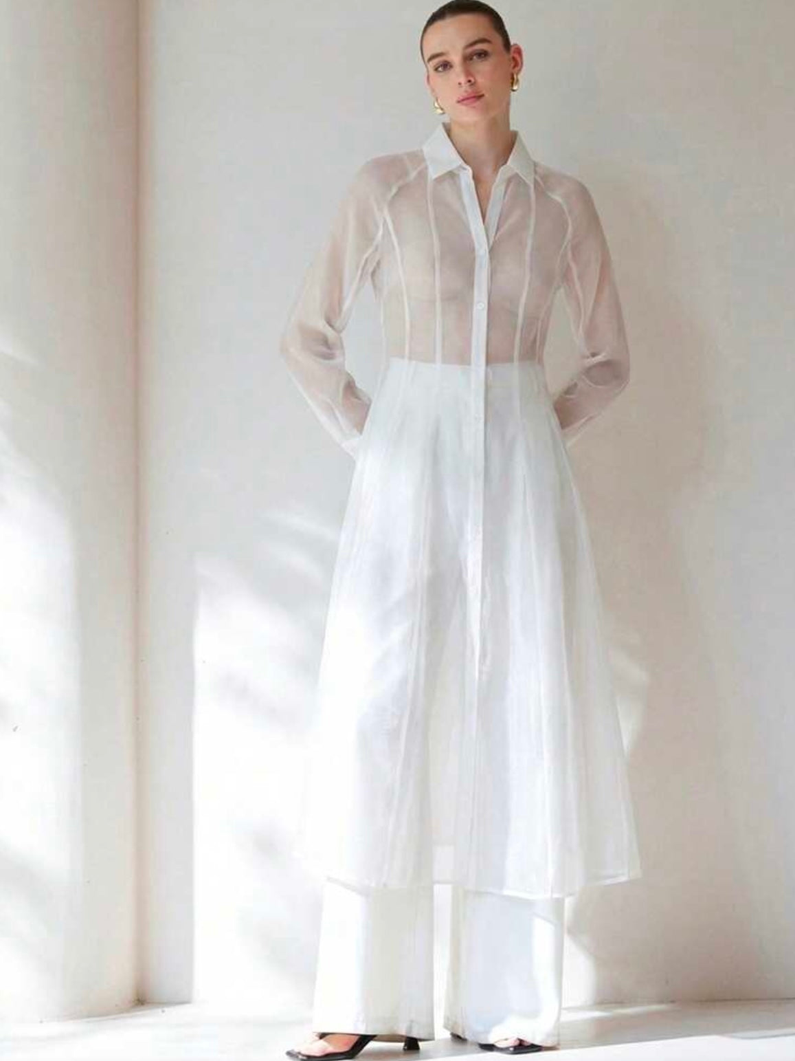 CM-TS744413 Women Casual Seoul Style Translucent Textured V-Neck Long Sleeve Gathered Waist Shirtdress - White