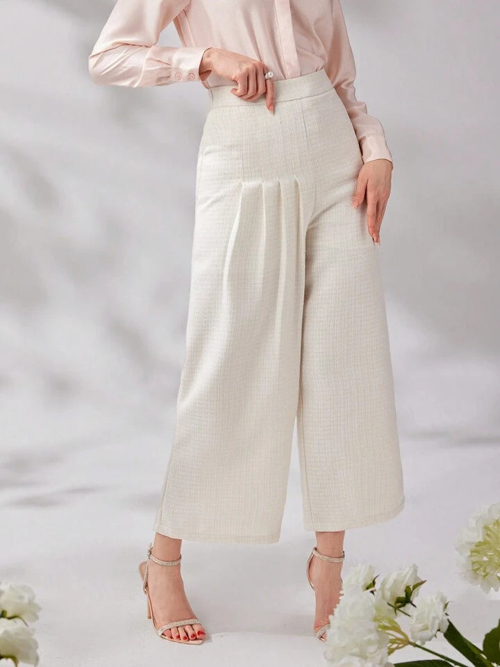 CM-BS679778 Women Elegant Seoul Style Solid Color High Waist Wide Leg Trousers - Apricot