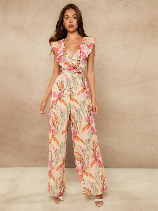CM-JS877958 Women Trendy Bohemian Style Deep V-Neck Feather Print Ruffle Lace Up Jumpsuit