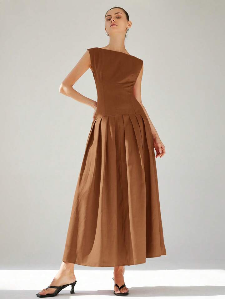 CM-DS711411 Women Elegant Seoul Style Sleeveless Cinched Waist Low Waist Pleated Ruffle Hem Long Dress - Brown