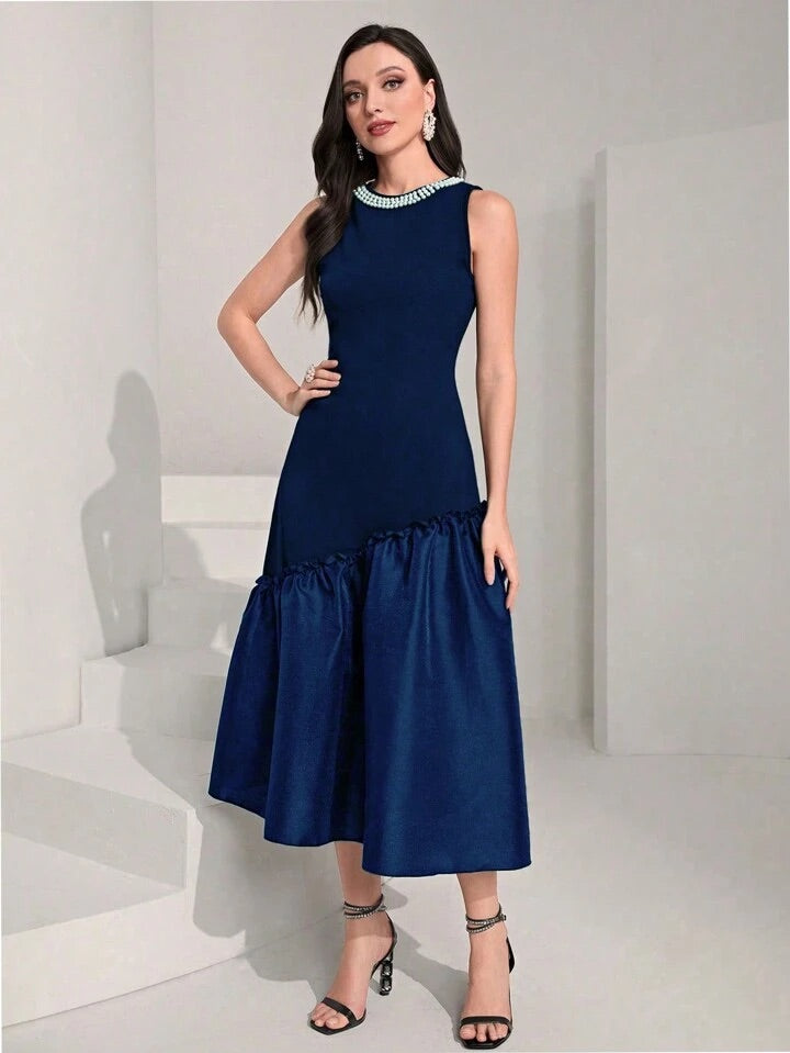 CM-DS710500 Women Elegant Seoul Style Sleeveless Pearls Beaded Ruffle Hem Dress - Royal Blue