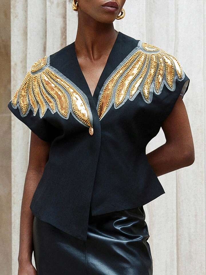 CM-TS850529 Women Elegant Seoul Style Asymmetrical Hem V-Neck Padded Beaded Embroidered Blouse - Blue